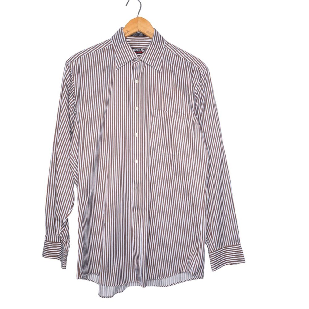 Kirkland Signature Non-Iron Dress Shirt | 100% Cotton Brown Blue Stripe16 //35
